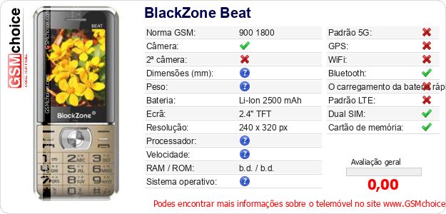 BlackZone Beat Especificações técnicas do telemóvel BlackZone Beat Especificações técnicas do telemóvel