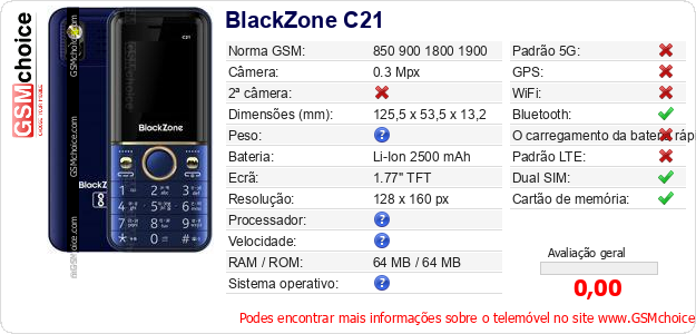 BlackZone C21 Especificações técnicas do telemóvel 