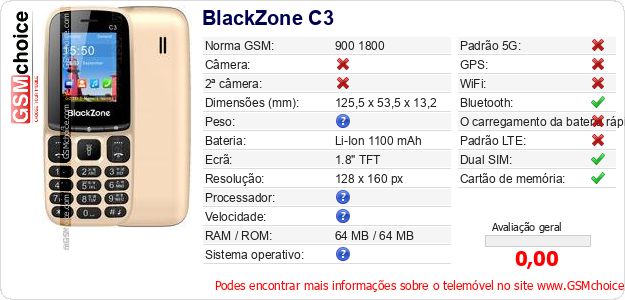 BlackZone C3 Especificações técnicas do telemóvel BlackZone C3 Especificações técnicas do telemóvel