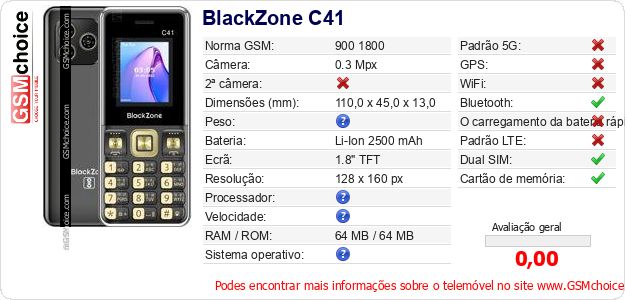 BlackZone C41 Especificações técnicas do telemóvel 