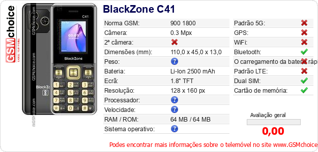 BlackZone C41 Especificações técnicas do telemóvel BlackZone C41 Especificações técnicas do telemóvel