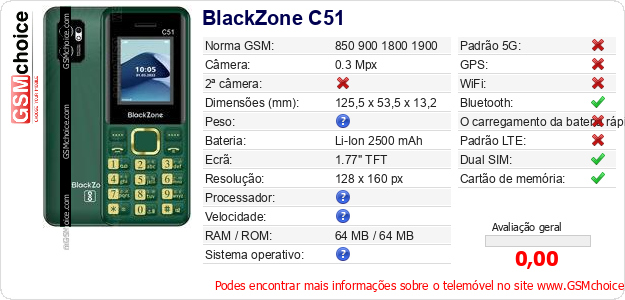 BlackZone C51 Especificações técnicas do telemóvel BlackZone C51 Especificações técnicas do telemóvel