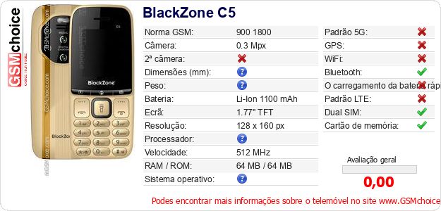 BlackZone C5 Especificações técnicas do telemóvel BlackZone C5 Especificações técnicas do telemóvel