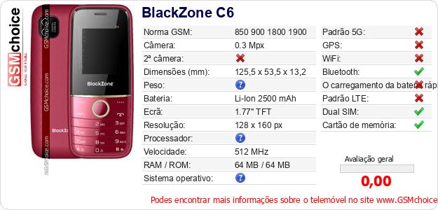 BlackZone C6 Especificações técnicas do telemóvel 
