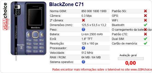 BlackZone C71 Especificações técnicas do telemóvel BlackZone C71 Especificações técnicas do telemóvel