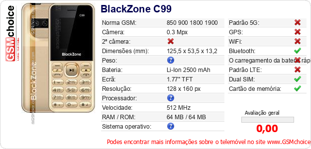 BlackZone C99 Especificações técnicas do telemóvel 