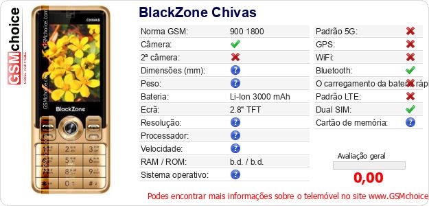 BlackZone Chivas Especificações técnicas do telemóvel BlackZone Chivas Especificações técnicas do telemóvel