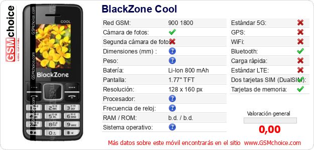 BlackZone Cool Datos técnicos del móvil 