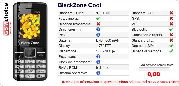 BlackZone Cool Dati tecnici di telefono cellulare 