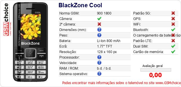BlackZone Cool Especificações técnicas do telemóvel 