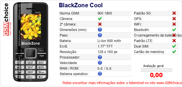 BlackZone Cool Especificações técnicas do telemóvel BlackZone Cool Especificações técnicas do telemóvel