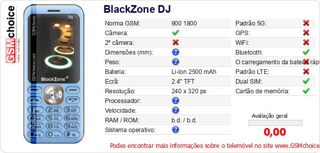 BlackZone DJ Especificações técnicas do telemóvel BlackZone DJ Especificações técnicas do telemóvel