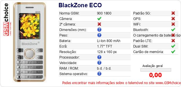 BlackZone ECO Especificações técnicas do telemóvel BlackZone ECO Especificações técnicas do telemóvel