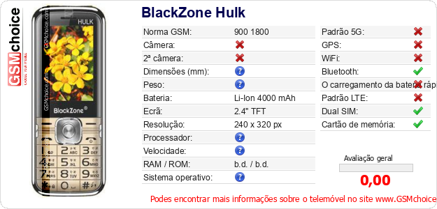 BlackZone Hulk Especificações técnicas do telemóvel BlackZone Hulk Especificações técnicas do telemóvel