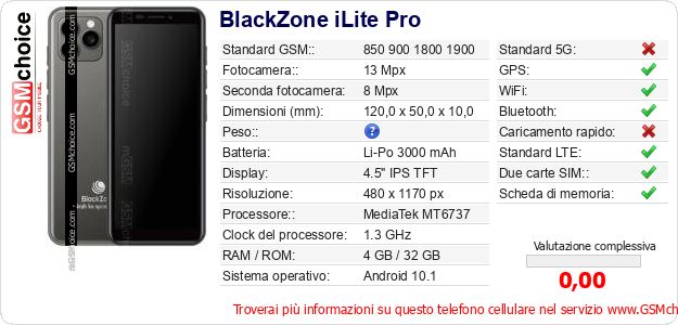BlackZone iLite Pro Dati tecnici di telefono cellulare BlackZone iLite Pro Dati tecnici di telefono cellulare