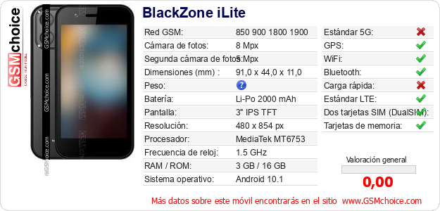 BlackZone iLite Datos técnicos del móvil 