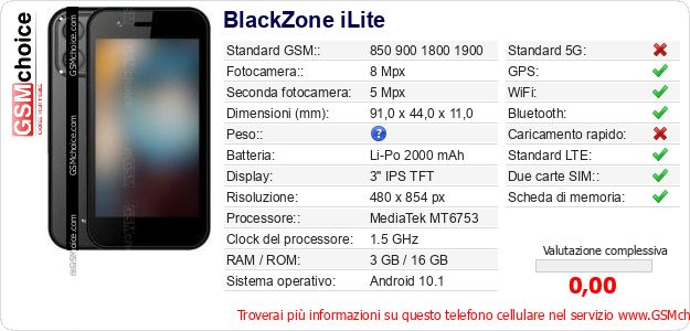 BlackZone iLite Dati tecnici di telefono cellulare 