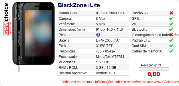 BlackZone iLite Especificações técnicas do telemóvel 
