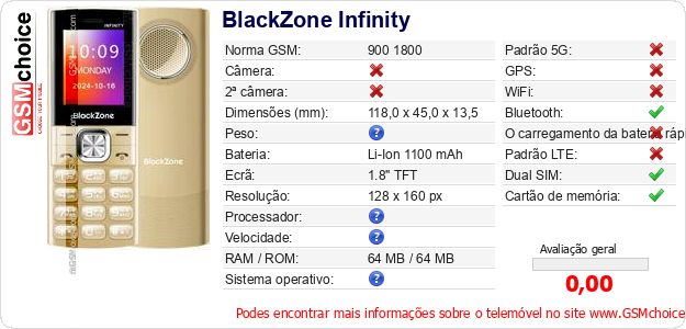 BlackZone Infinity Especificações técnicas do telemóvel BlackZone Infinity Especificações técnicas do telemóvel