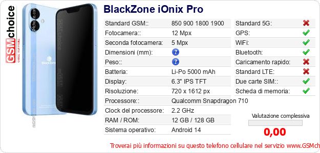 BlackZone iOnix Pro Dati tecnici di telefono cellulare BlackZone iOnix Pro Dati tecnici di telefono cellulare