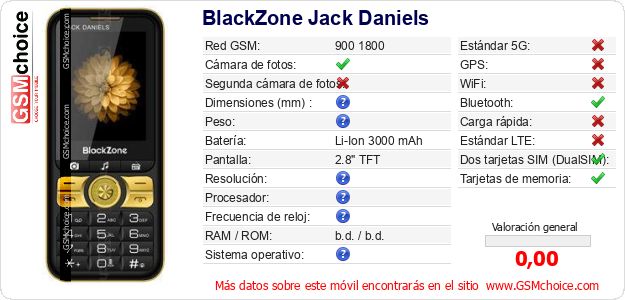 BlackZone Jack Daniels Datos técnicos del móvil BlackZone Jack Daniels Datos técnicos del móvil