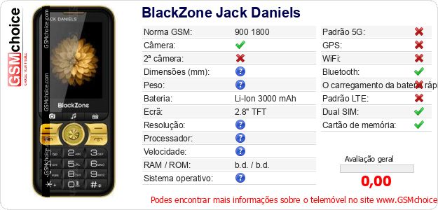 BlackZone Jack Daniels Especificações técnicas do telemóvel BlackZone Jack Daniels Especificações técnicas do telemóvel