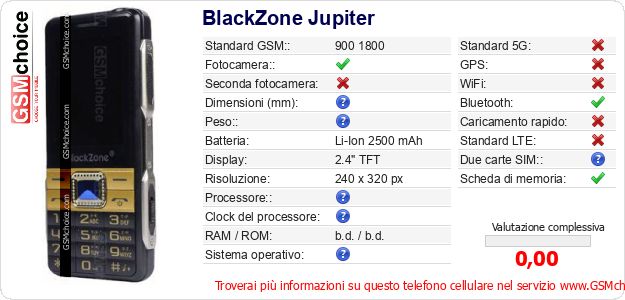 BlackZone Jupiter Dati tecnici di telefono cellulare BlackZone Jupiter Dati tecnici di telefono cellulare