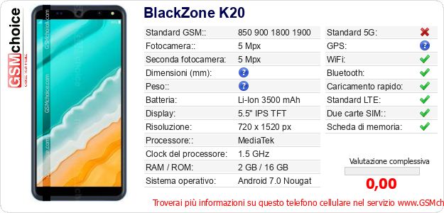 BlackZone K20 Dati tecnici di telefono cellulare BlackZone K20 Dati tecnici di telefono cellulare