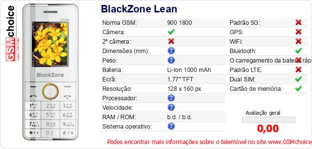 BlackZone Lean Especificações técnicas do telemóvel 