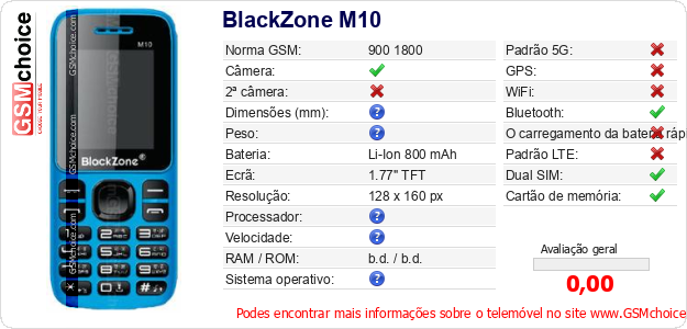 BlackZone M10 Especificações técnicas do telemóvel BlackZone M10 Especificações técnicas do telemóvel