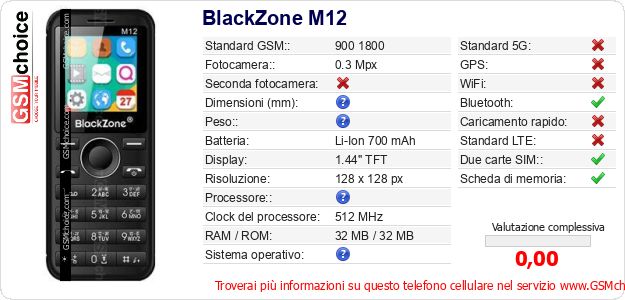 BlackZone M12 Dati tecnici di telefono cellulare BlackZone M12 Dati tecnici di telefono cellulare