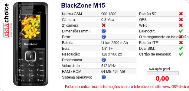BlackZone M15 Especificações técnicas do telemóvel BlackZone M15 Especificações técnicas do telemóvel