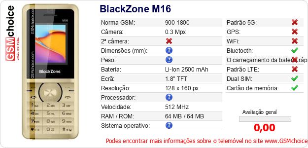 BlackZone M16 Especificações técnicas do telemóvel BlackZone M16 Especificações técnicas do telemóvel