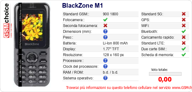 BlackZone M1 Dati tecnici di telefono cellulare 