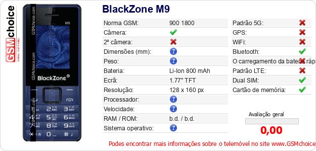 BlackZone M9 Especificações técnicas do telemóvel BlackZone M9 Especificações técnicas do telemóvel