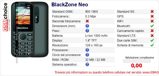 BlackZone Neo Dati tecnici di telefono cellulare BlackZone Neo Dati tecnici di telefono cellulare