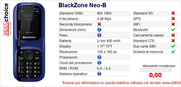BlackZone Neo-B Dati tecnici di telefono cellulare BlackZone Neo-B Dati tecnici di telefono cellulare