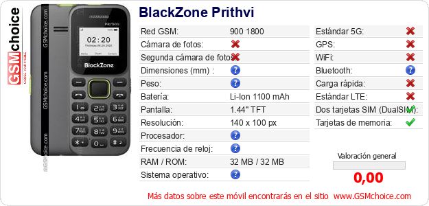 BlackZone Prithvi Datos técnicos del móvil BlackZone Prithvi Datos técnicos del móvil