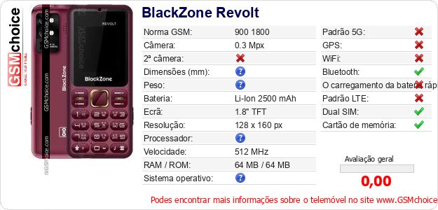 BlackZone Revolt Especificações técnicas do telemóvel 