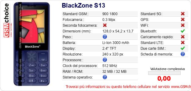 BlackZone S13 Dati tecnici di telefono cellulare 