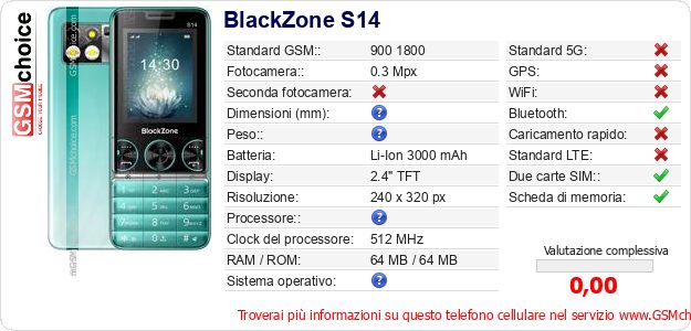 BlackZone S14 Dati tecnici di telefono cellulare 