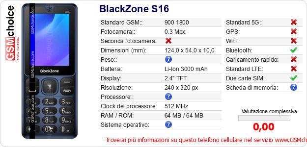 BlackZone S16 Dati tecnici di telefono cellulare BlackZone S16 Dati tecnici di telefono cellulare