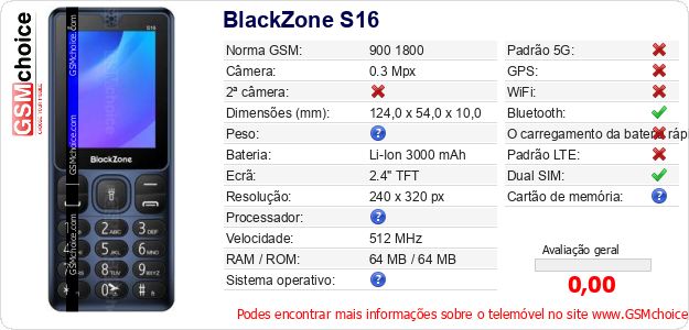 BlackZone S16 Especificações técnicas do telemóvel BlackZone S16 Especificações técnicas do telemóvel