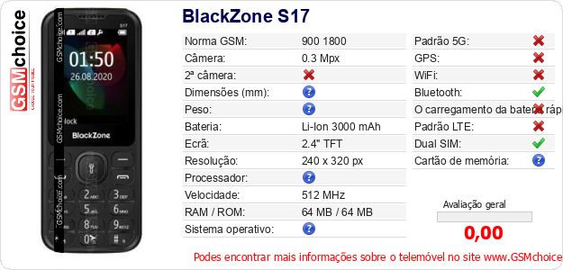 BlackZone S17 Especificações técnicas do telemóvel BlackZone S17 Especificações técnicas do telemóvel