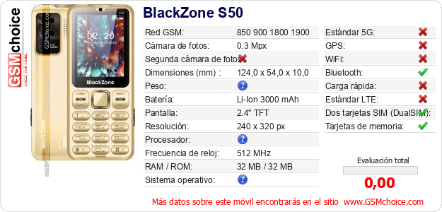 BlackZone S50 Datos técnicos del móvil BlackZone S50 Datos técnicos del móvil