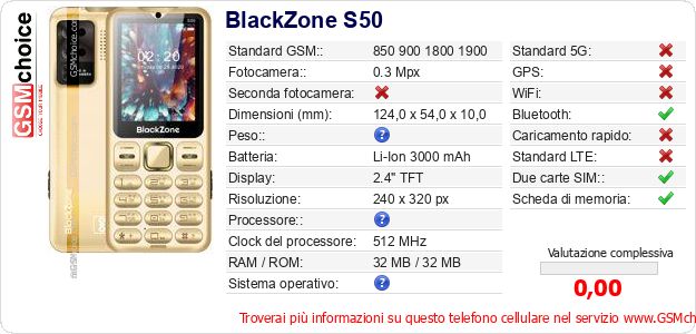 BlackZone S50 Dati tecnici di telefono cellulare BlackZone S50 Dati tecnici di telefono cellulare
