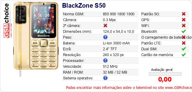 BlackZone S50 Especificações técnicas do telemóvel BlackZone S50 Especificações técnicas do telemóvel