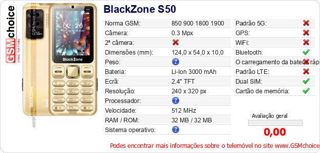 BlackZone S50 Especificações técnicas do telemóvel 