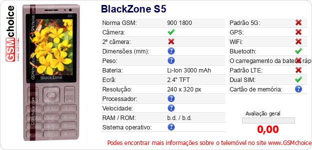 BlackZone S5 Especificações técnicas do telemóvel BlackZone S5 Especificações técnicas do telemóvel