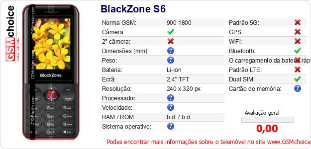 BlackZone S6 Especificações técnicas do telemóvel BlackZone S6 Especificações técnicas do telemóvel